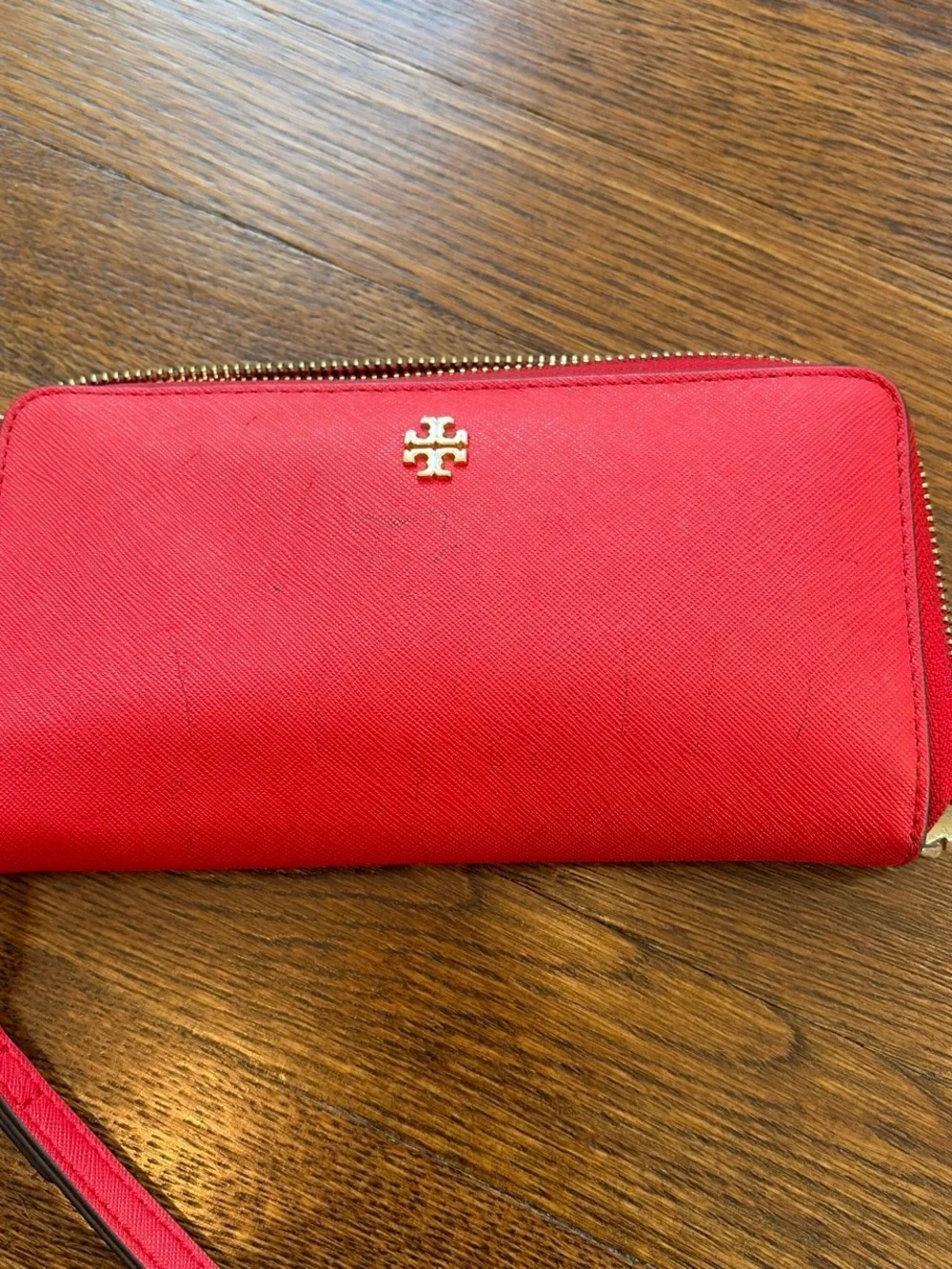 Tory Burch Red Zip-Around Wristlet with Gold Logo
